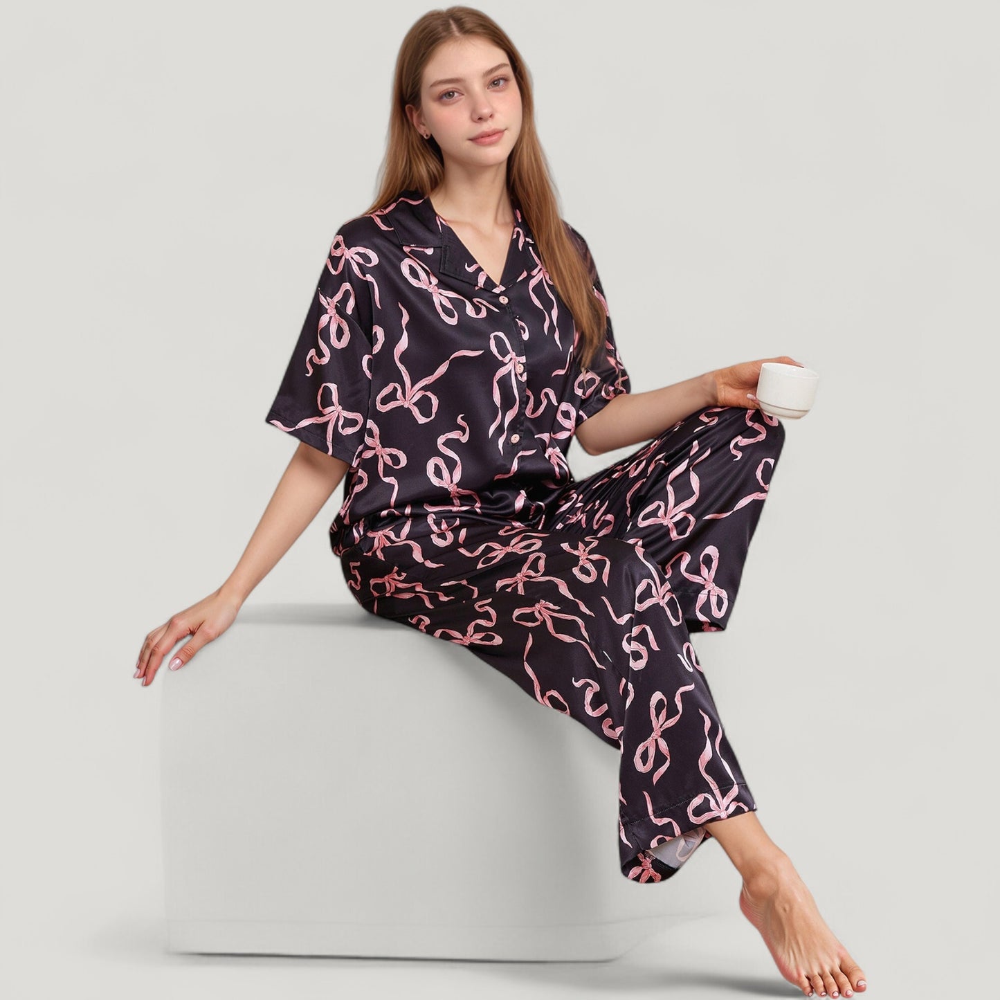 Anna-Kaci Lounge Women's Satin Button-Up Pajama Set with Short Sleeve Notch Collar Top and Wide Leg Pants in Ribbon Print