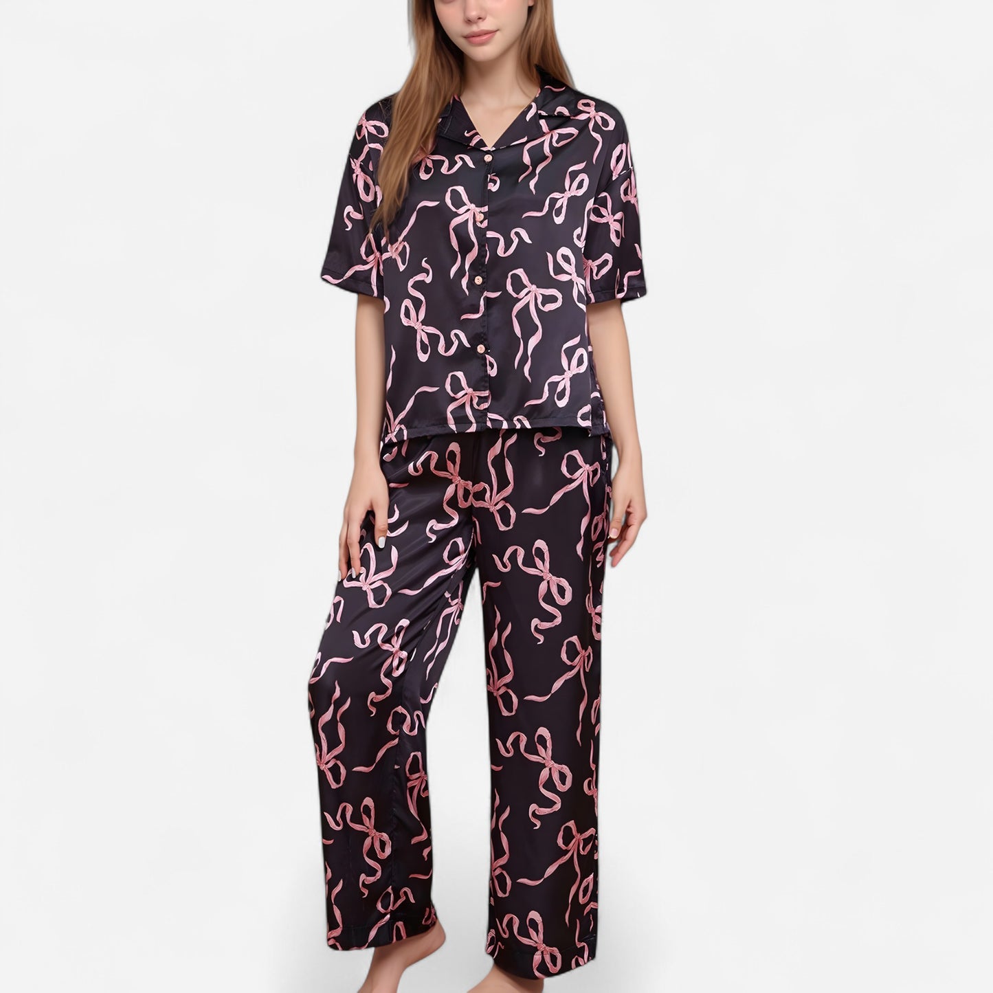 Anna-Kaci Lounge Women's Satin Button-Up Pajama Set with Short Sleeve Notch Collar Top and Wide Leg Pants in Ribbon Print