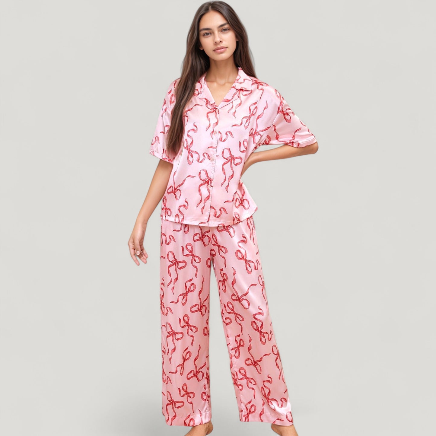 Anna-Kaci Lounge Women's Satin Button-Up Pajama Set with Short Sleeve Notch Collar Top and Wide Leg Pants in Ribbon Print