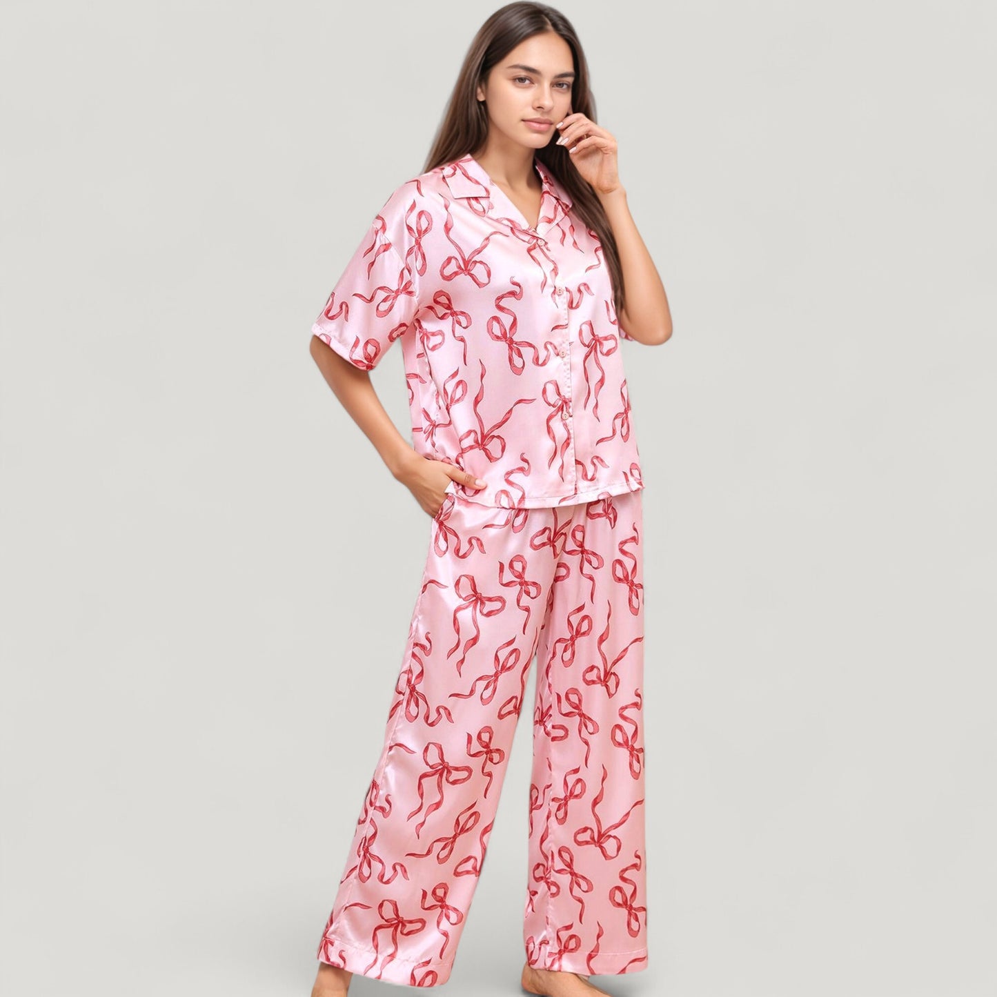 Anna-Kaci Lounge Women's Satin Button-Up Pajama Set with Short Sleeve Notch Collar Top and Wide Leg Pants in Ribbon Print