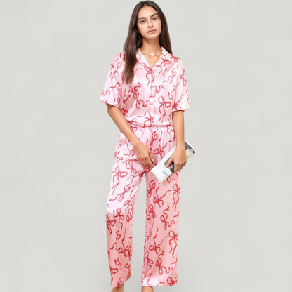 Anna-Kaci Lounge Women's Satin Button-Up Pajama Set with Short Sleeve Notch Collar Top and Wide Leg Pants in Ribbon Print