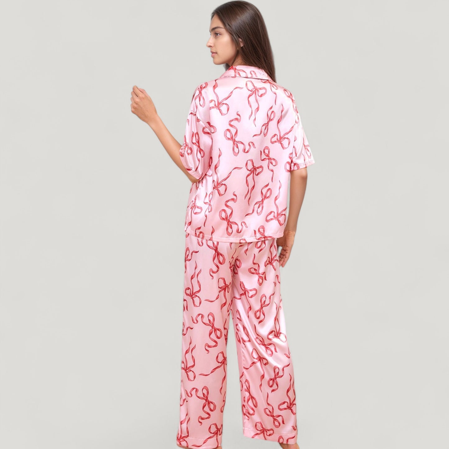 Anna-Kaci Lounge Women's Satin Button-Up Pajama Set with Short Sleeve Notch Collar Top and Wide Leg Pants in Ribbon Print
