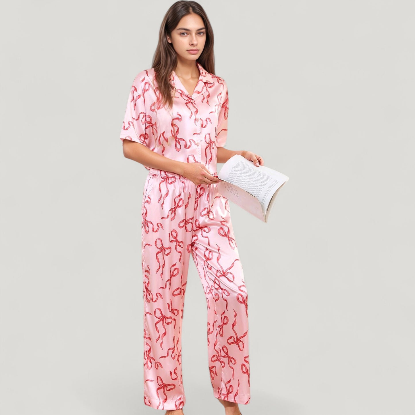 Anna-Kaci Lounge Women's Satin Button-Up Pajama Set with Short Sleeve Notch Collar Top and Wide Leg Pants in Ribbon Print