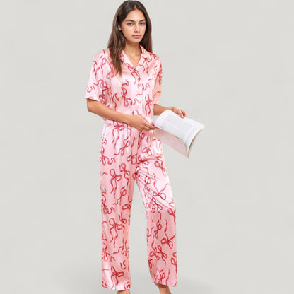 Anna-Kaci Lounge Women's Satin Button-Up Pajama Set with Short Sleeve Notch Collar Top and Wide Leg Pants in Ribbon Print