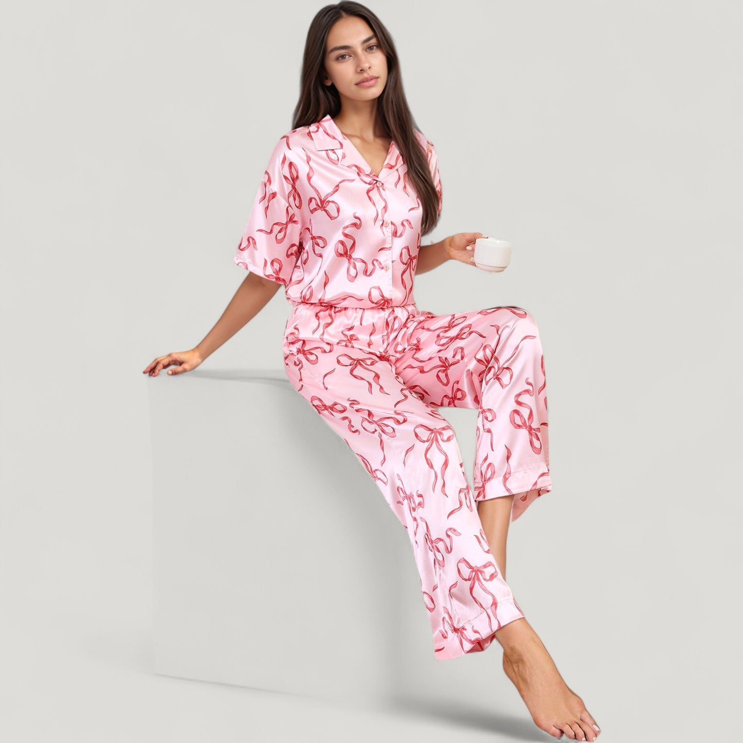 Anna-Kaci Lounge Women's Satin Button-Up Pajama Set with Short Sleeve Notch Collar Top and Wide Leg Pants in Ribbon Print