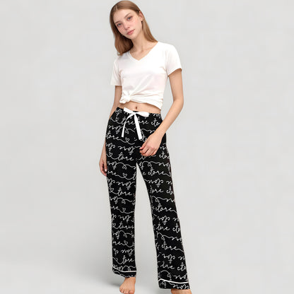 Anna-Kaci Women's Short Sleeve V-Neck Pajama Set with Script Print Lounge Pants and Drawstring Waistband