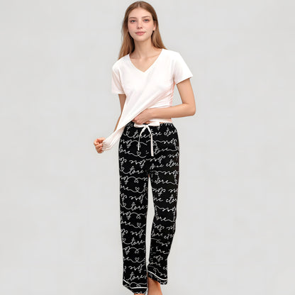 Anna-Kaci Women's Short Sleeve V-Neck Pajama Set with Script Print Lounge Pants and Drawstring Waistband