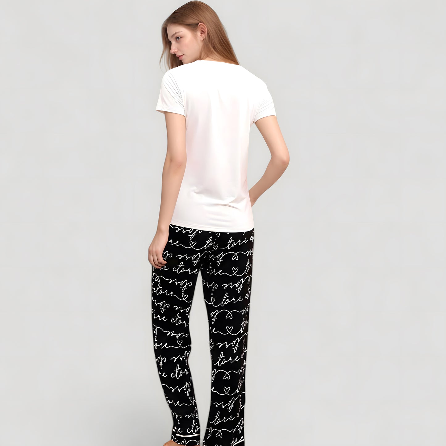 Anna-Kaci Women's Short Sleeve V-Neck Pajama Set with Script Print Lounge Pants and Drawstring Waistband
