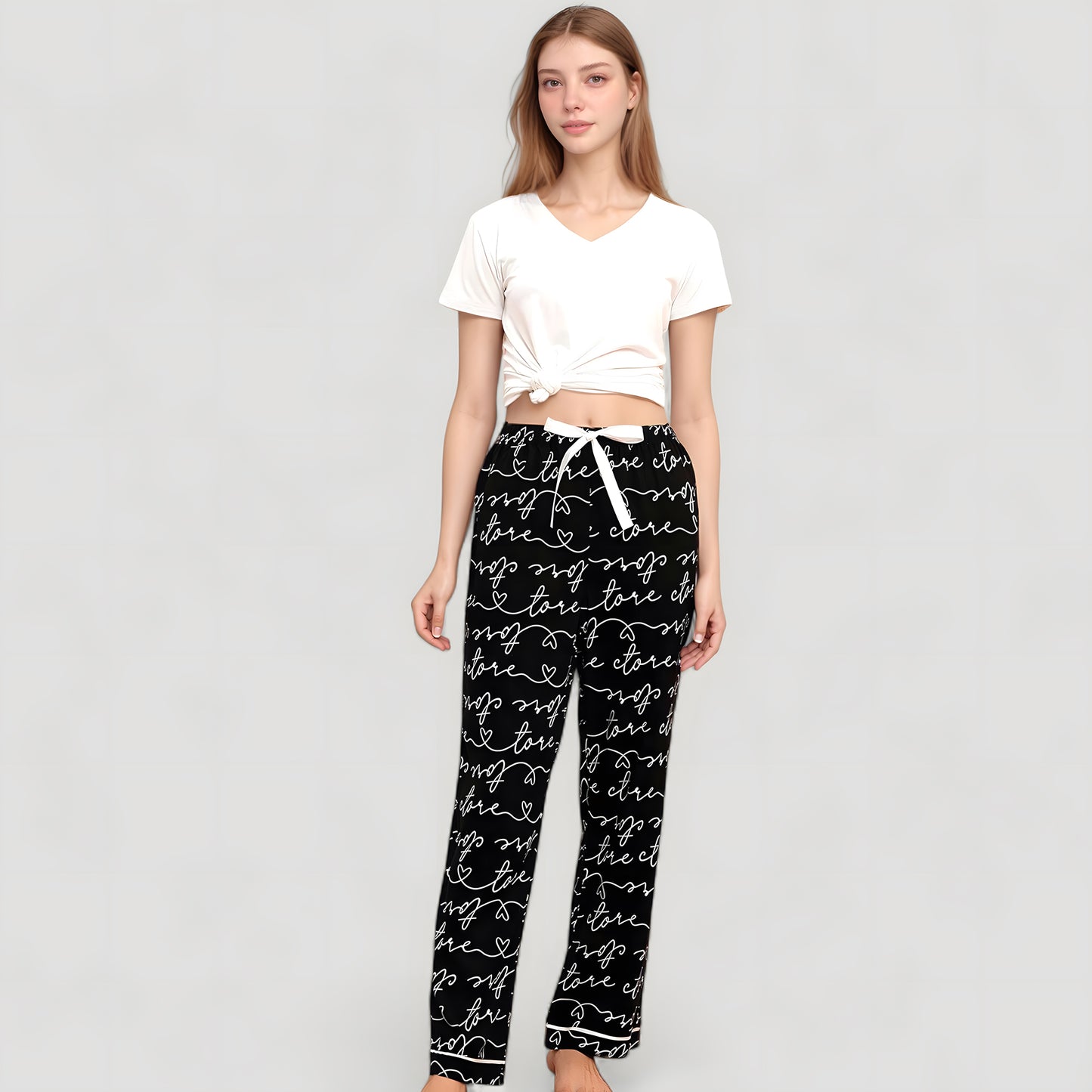 Anna-Kaci Women's Short Sleeve V-Neck Pajama Set with Script Print Lounge Pants and Drawstring Waistband