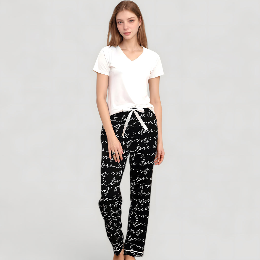Anna-Kaci Women's Short Sleeve V-Neck Pajama Set with Script Print Lounge Pants and Drawstring Waistband