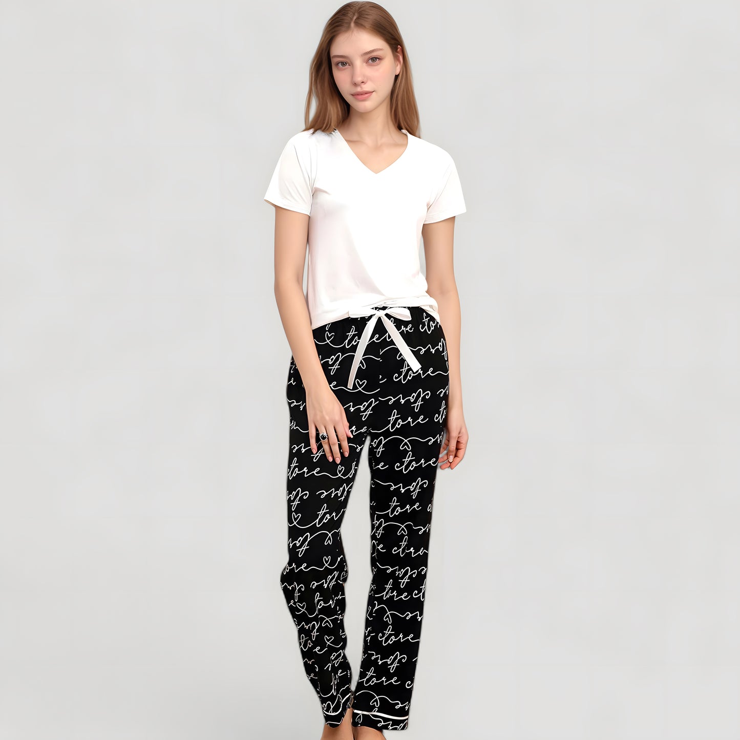 Anna-Kaci Women's Short Sleeve V-Neck Pajama Set with Script Print Lounge Pants and Drawstring Waistband