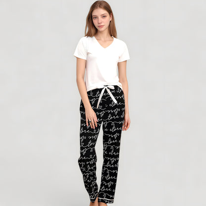 Anna-Kaci Women's Short Sleeve V-Neck Pajama Set with Script Print Lounge Pants and Drawstring Waistband