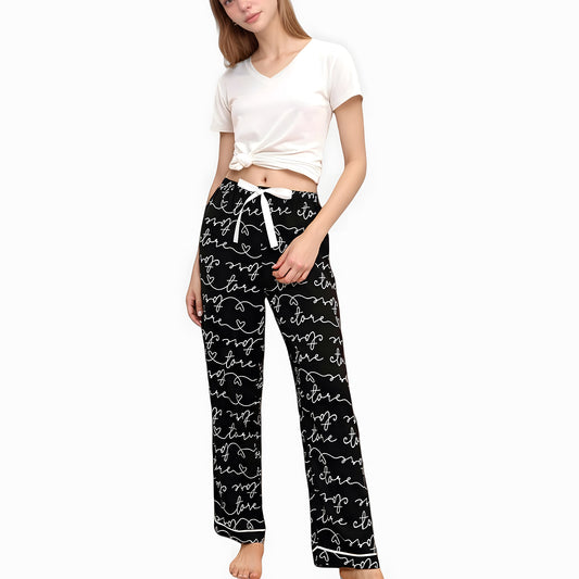 Anna-Kaci Women's Short Sleeve V-Neck Pajama Set with Script Print Lounge Pants and Drawstring Waistband