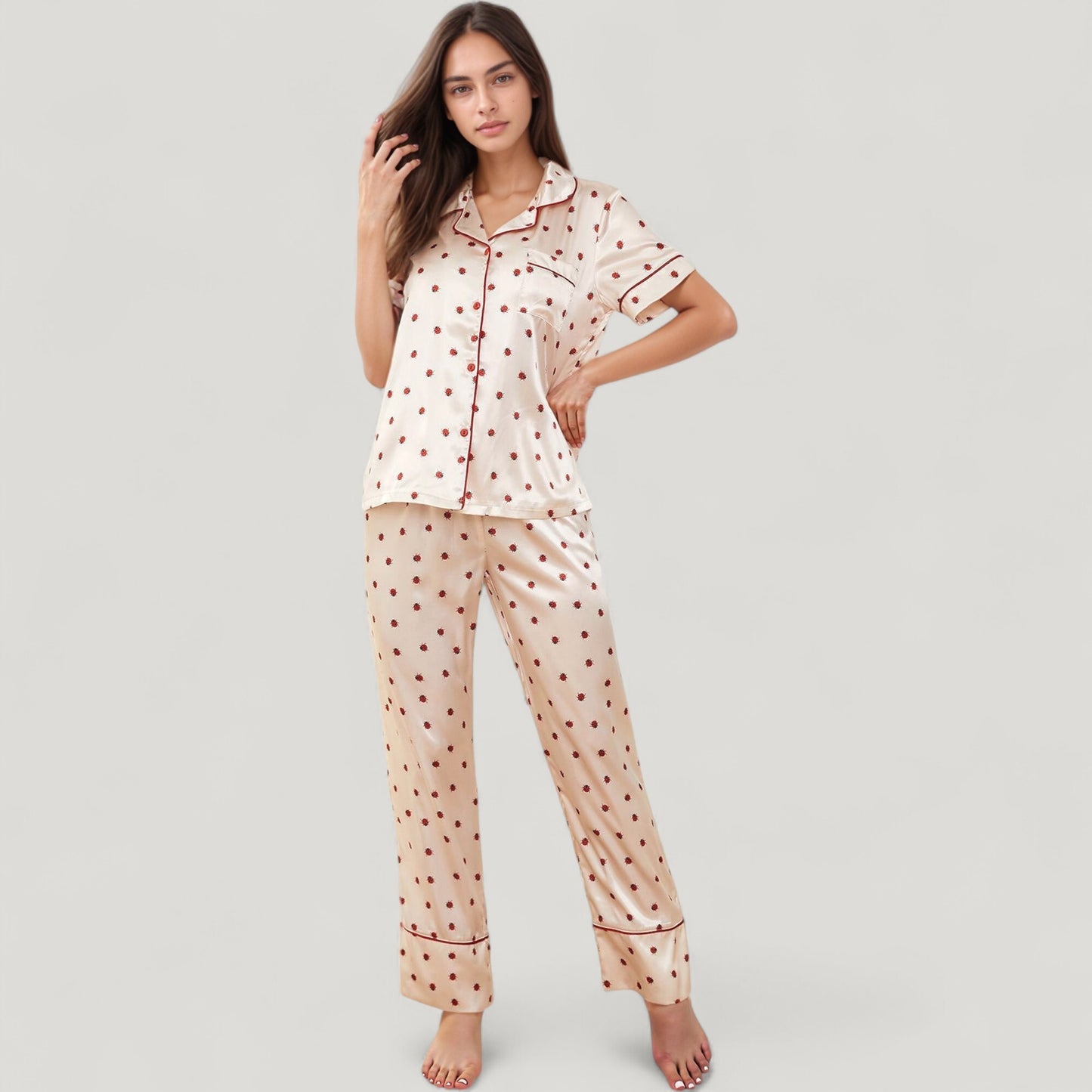 Anna-Kaci Lounge Women's Satin Pajama Set with Short Sleeve Notch Collar Button-Up Top and Polka Dot Wide Leg Pants