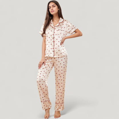 Anna-Kaci Lounge Women's Satin Pajama Set with Short Sleeve Notch Collar Button-Up Top and Polka Dot Wide Leg Pants