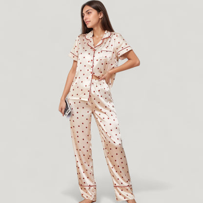Anna-Kaci Lounge Women's Satin Pajama Set with Short Sleeve Notch Collar Button-Up Top and Polka Dot Wide Leg Pants