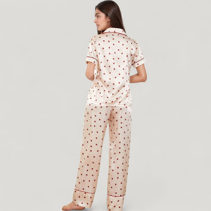 Anna-Kaci Lounge Women's Satin Pajama Set with Short Sleeve Notch Collar Button-Up Top and Polka Dot Wide Leg Pants