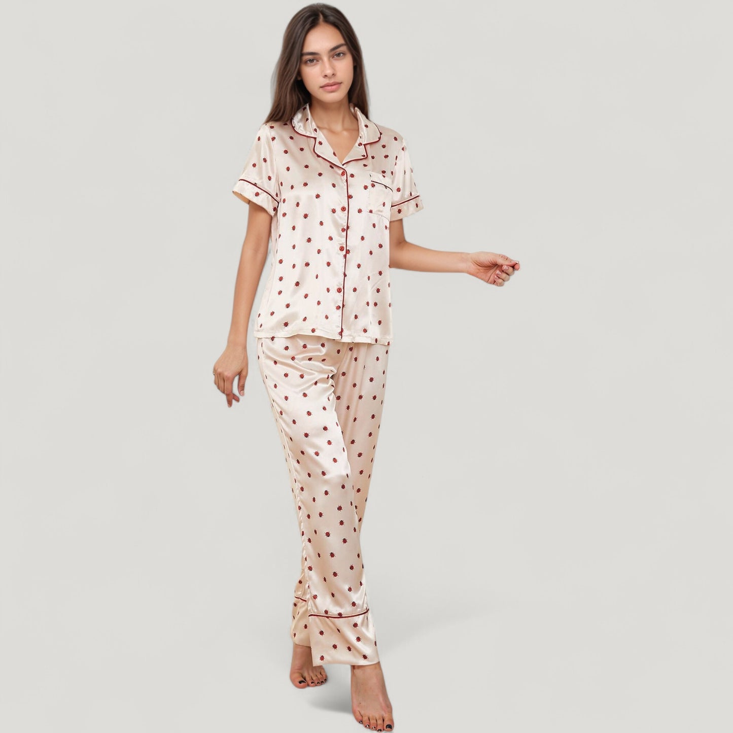 Anna-Kaci Lounge Women's Satin Pajama Set with Short Sleeve Notch Collar Button-Up Top and Polka Dot Wide Leg Pants