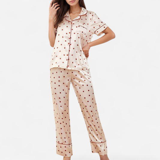 Anna-Kaci Lounge Women's Satin Pajama Set with Short Sleeve Notch Collar Button-Up Top and Polka Dot Wide Leg Pants