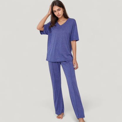 Anna-Kaci Lounge Women's Short Sleeve V-Neck Pajama Set with Relaxed Fit Knit Top and Wide Leg Lounge Pants
