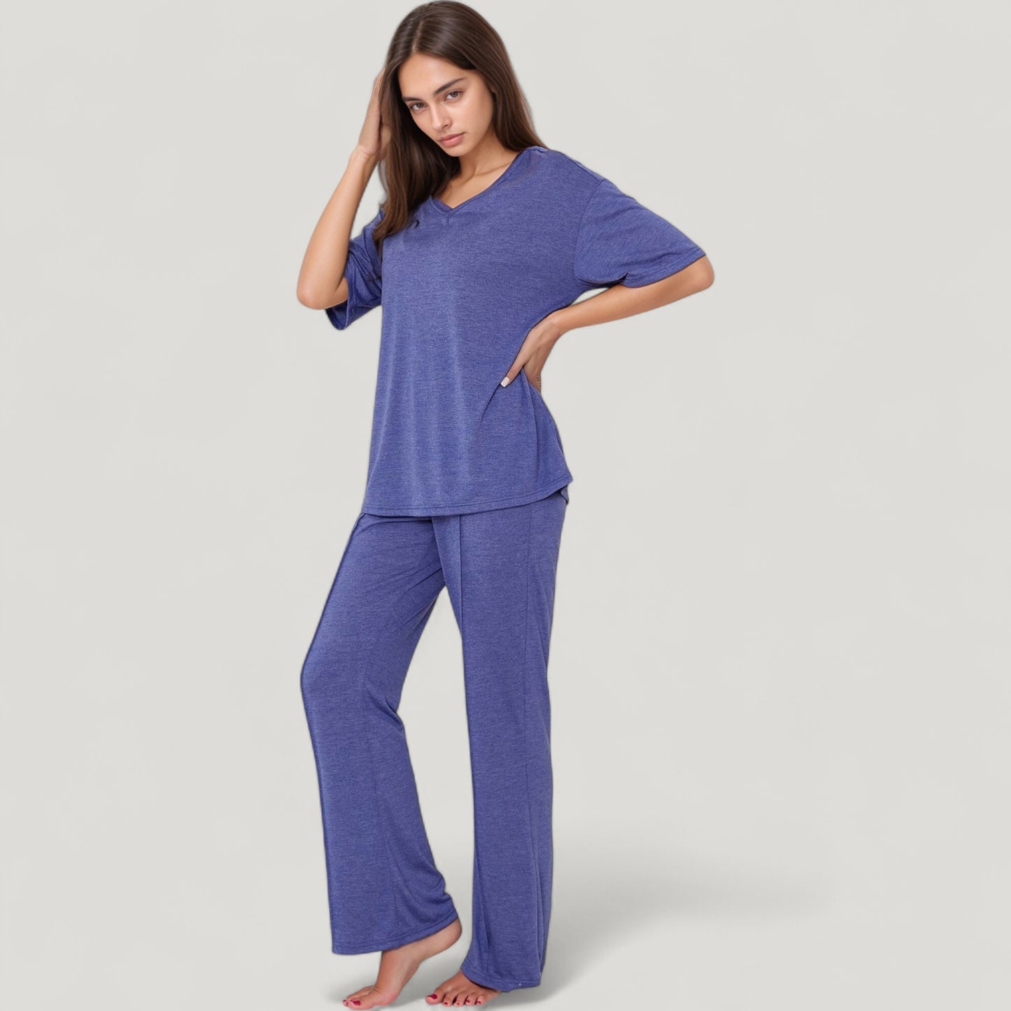 Anna-Kaci Lounge Women's Short Sleeve V-Neck Pajama Set with Relaxed Fit Knit Top and Wide Leg Lounge Pants