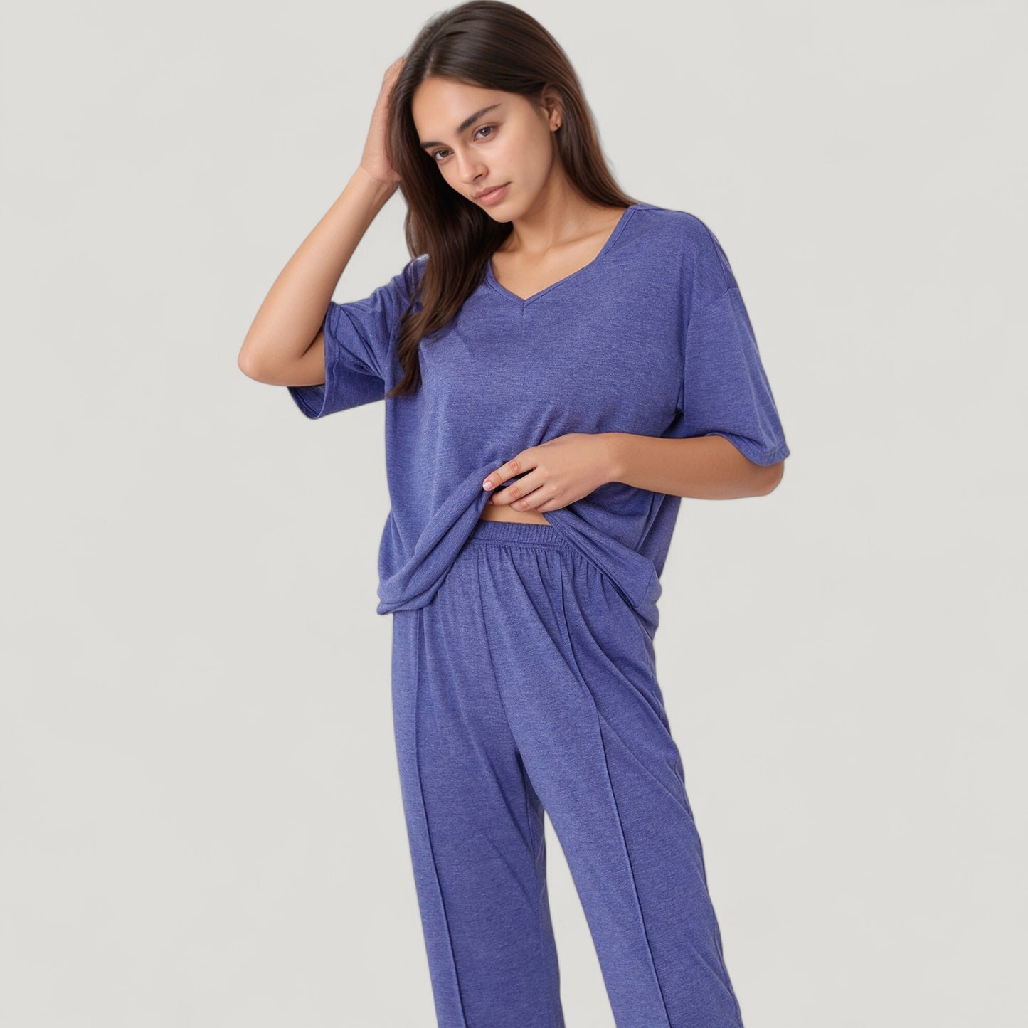 Anna-Kaci Lounge Women's Short Sleeve V-Neck Pajama Set with Relaxed Fit Knit Top and Wide Leg Lounge Pants