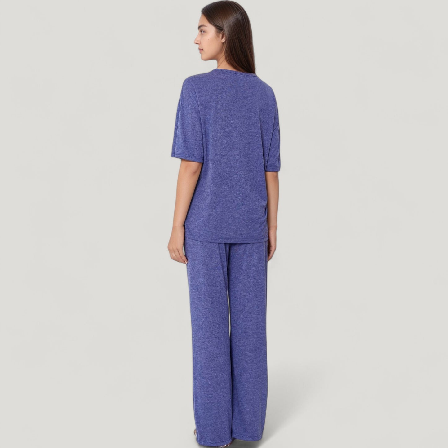 Anna-Kaci Lounge Women's Short Sleeve V-Neck Pajama Set with Relaxed Fit Knit Top and Wide Leg Lounge Pants