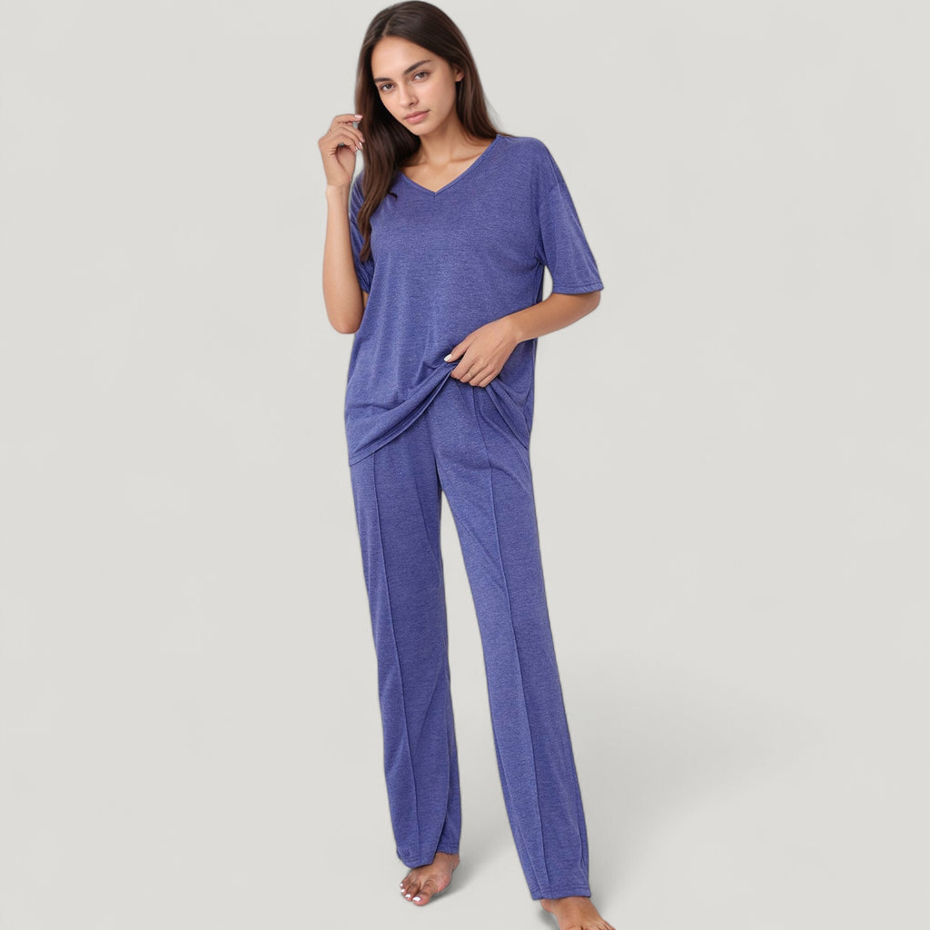 Anna-Kaci Lounge Women's Short Sleeve V-Neck Pajama Set with Relaxed Fit Knit Top and Wide Leg Lounge Pants