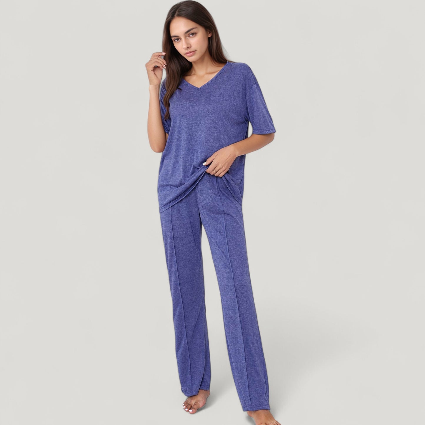 Anna-Kaci Lounge Women's Short Sleeve V-Neck Pajama Set with Relaxed Fit Knit Top and Wide Leg Lounge Pants