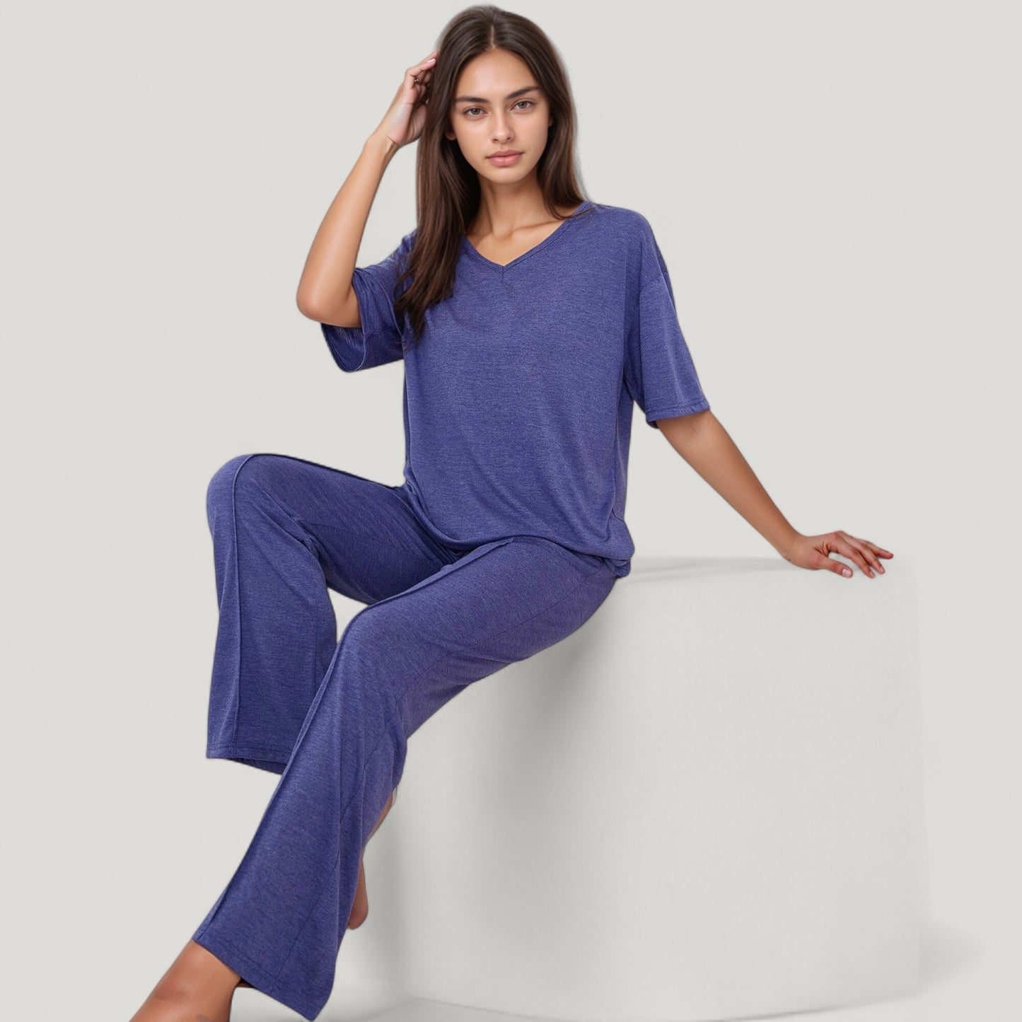 Anna-Kaci Lounge Women's Short Sleeve V-Neck Pajama Set with Relaxed Fit Knit Top and Wide Leg Lounge Pants