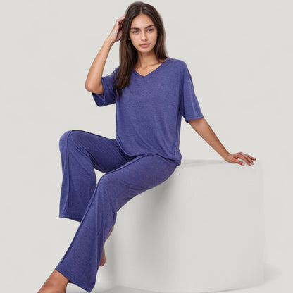 Anna-Kaci Lounge Women's Short Sleeve V-Neck Pajama Set with Relaxed Fit Knit Top and Wide Leg Lounge Pants