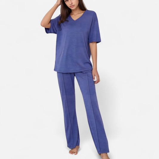 Anna-Kaci Lounge Women's Short Sleeve V-Neck Pajama Set with Relaxed Fit Knit Top and Wide Leg Lounge Pants