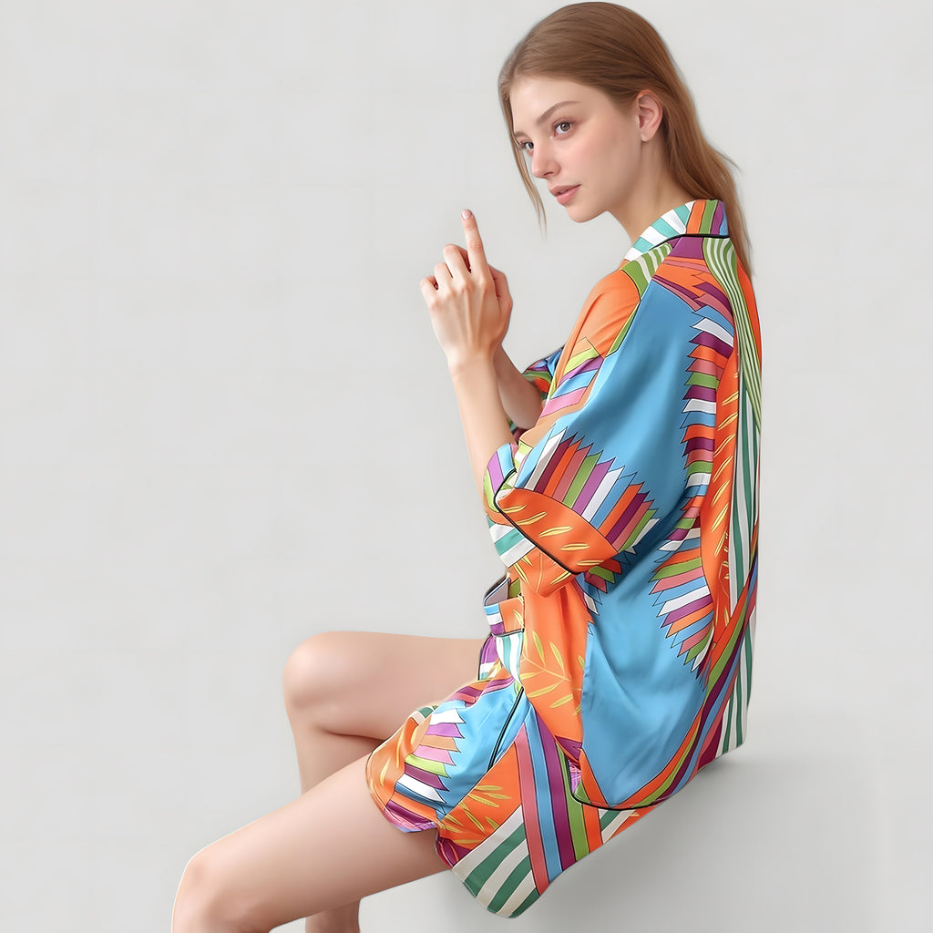 Anna-Kaci Lounge Women's Bold Stripe Print Pajama Set with Notch Collar Button Up Top and Relaxed Fit Matching Shorts