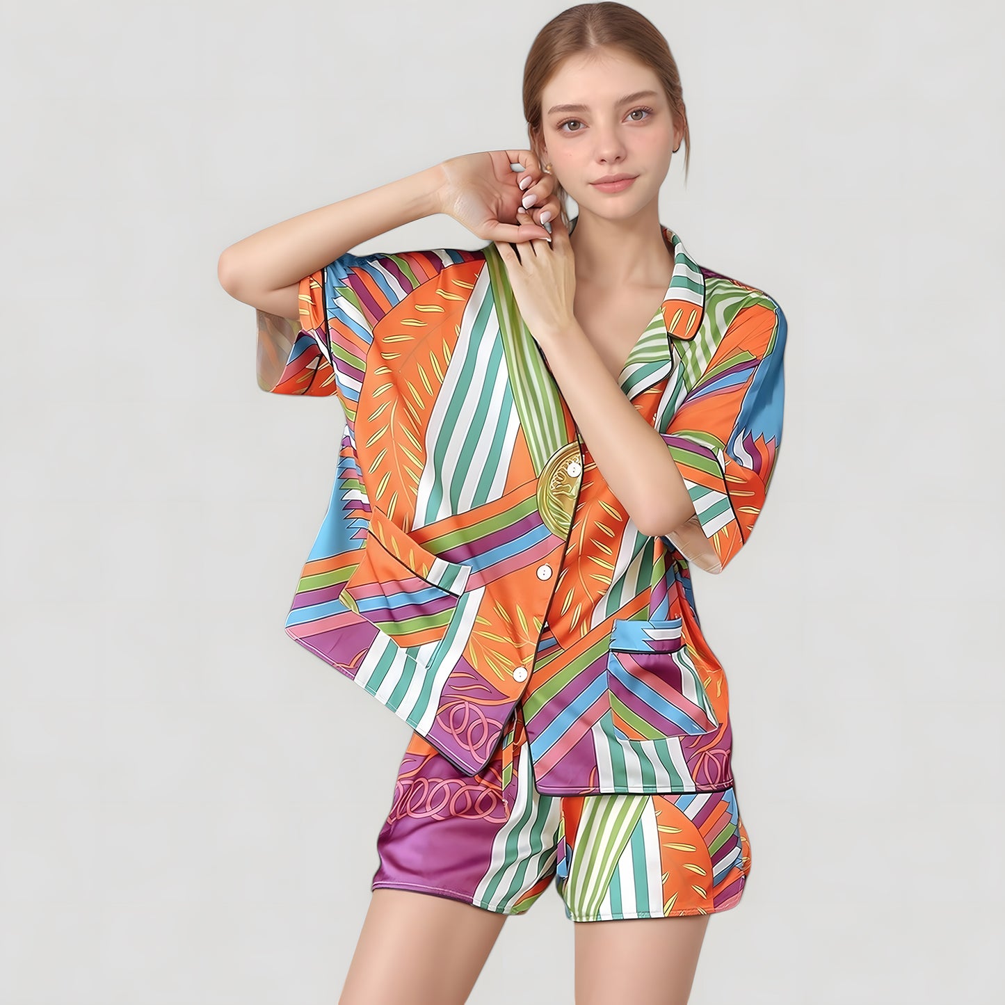 Anna-Kaci Lounge Women's Bold Stripe Print Pajama Set with Notch Collar Button Up Top and Relaxed Fit Matching Shorts