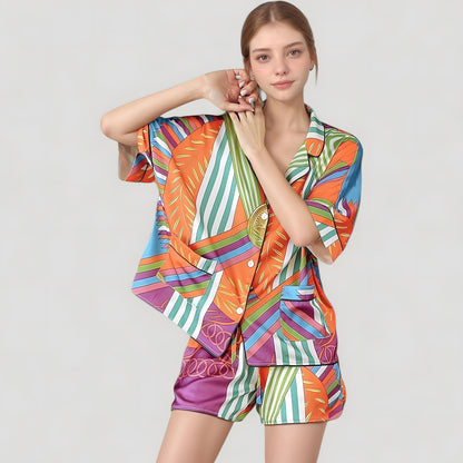 Anna-Kaci Lounge Women's Bold Stripe Print Pajama Set with Notch Collar Button Up Top and Relaxed Fit Matching Shorts