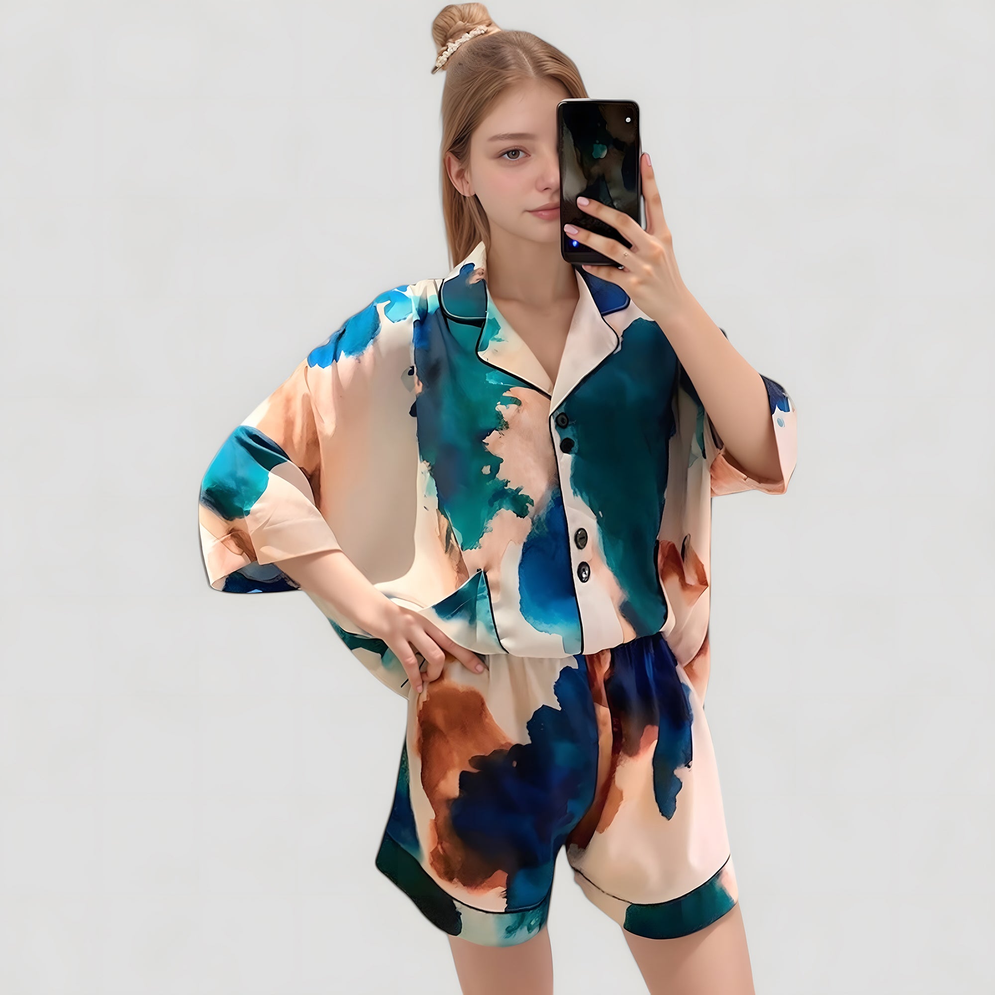Anna-Kaci Lounge Women's Watercolor Print Pajama Set with Notch Collar Button Up Short Sleeve Top and Matching Relaxed Shorts