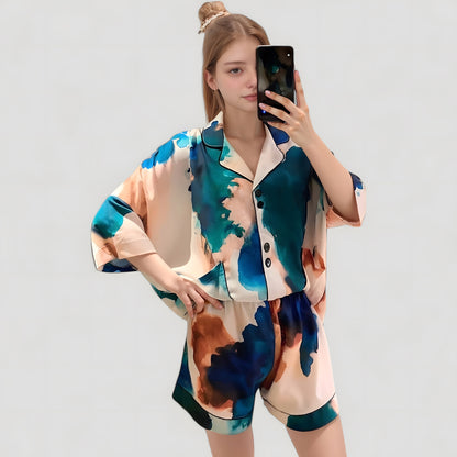 Anna-Kaci Lounge Women's Watercolor Print Pajama Set with Notch Collar Button Up Short Sleeve Top and Matching Relaxed Shorts