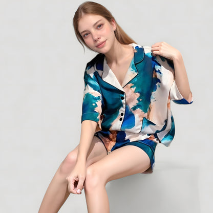 Anna-Kaci Lounge Women's Watercolor Print Pajama Set with Notch Collar Button Up Short Sleeve Top and Matching Relaxed Shorts