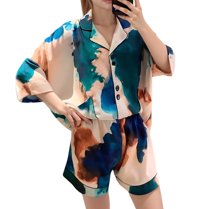 Anna-Kaci Lounge Women's Watercolor Print Pajama Set with Notch Collar Button Up Short Sleeve Top and Matching Relaxed Shorts