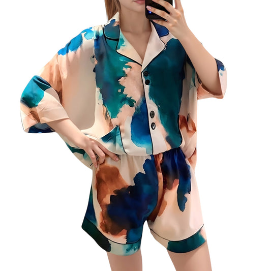 Anna-Kaci Lounge Women's Watercolor Print Pajama Set with Notch Collar Button Up Short Sleeve Top and Matching Relaxed Shorts