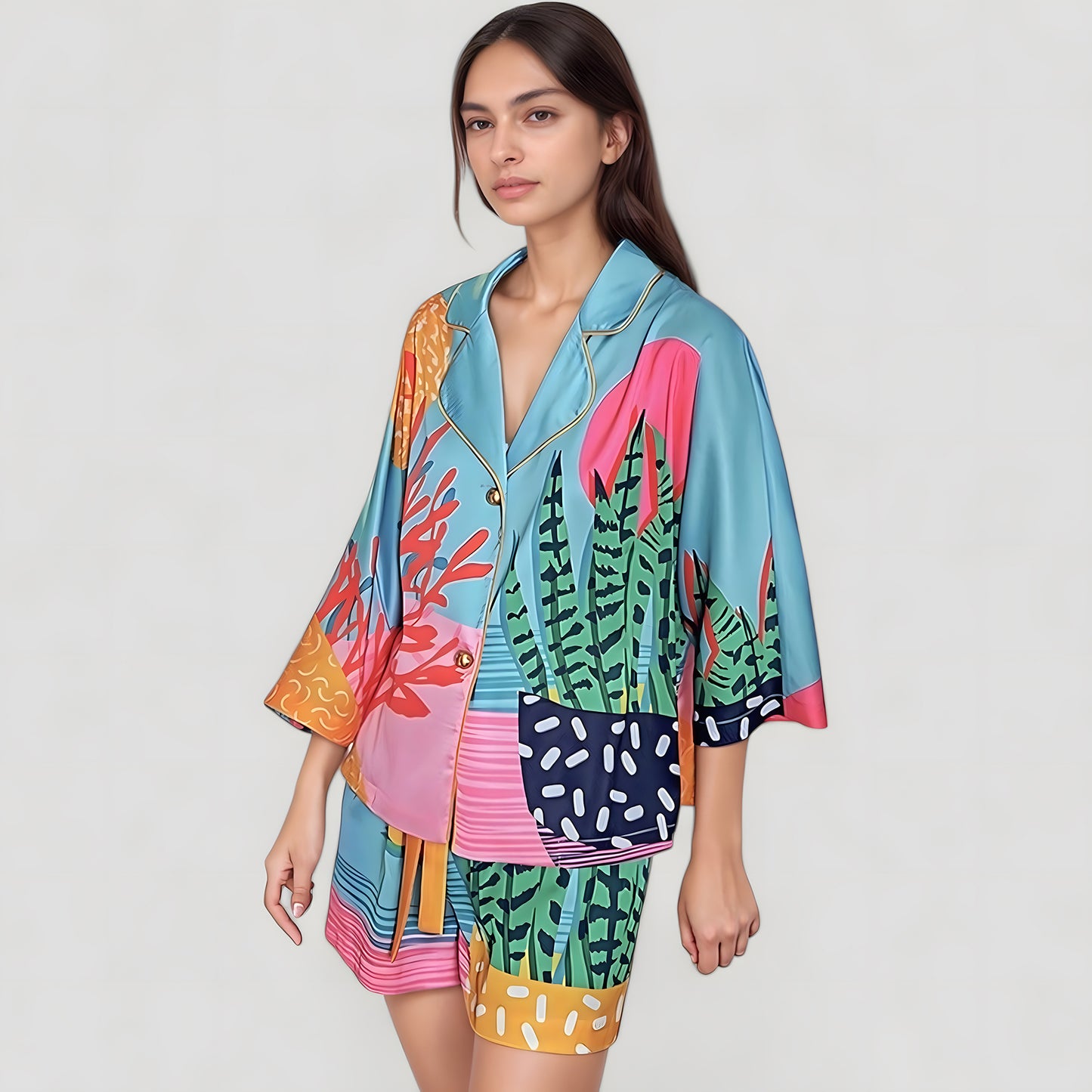 Anna-Kaci Lounge Women's Bold Botanical Print Pajama Set with Long Sleeves Notch Collar Button Front and Matching Shorts