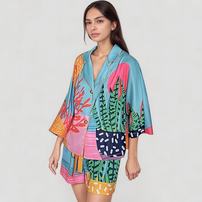 Anna-Kaci Lounge Women's Bold Botanical Print Pajama Set with Long Sleeves Notch Collar Button Front and Matching Shorts