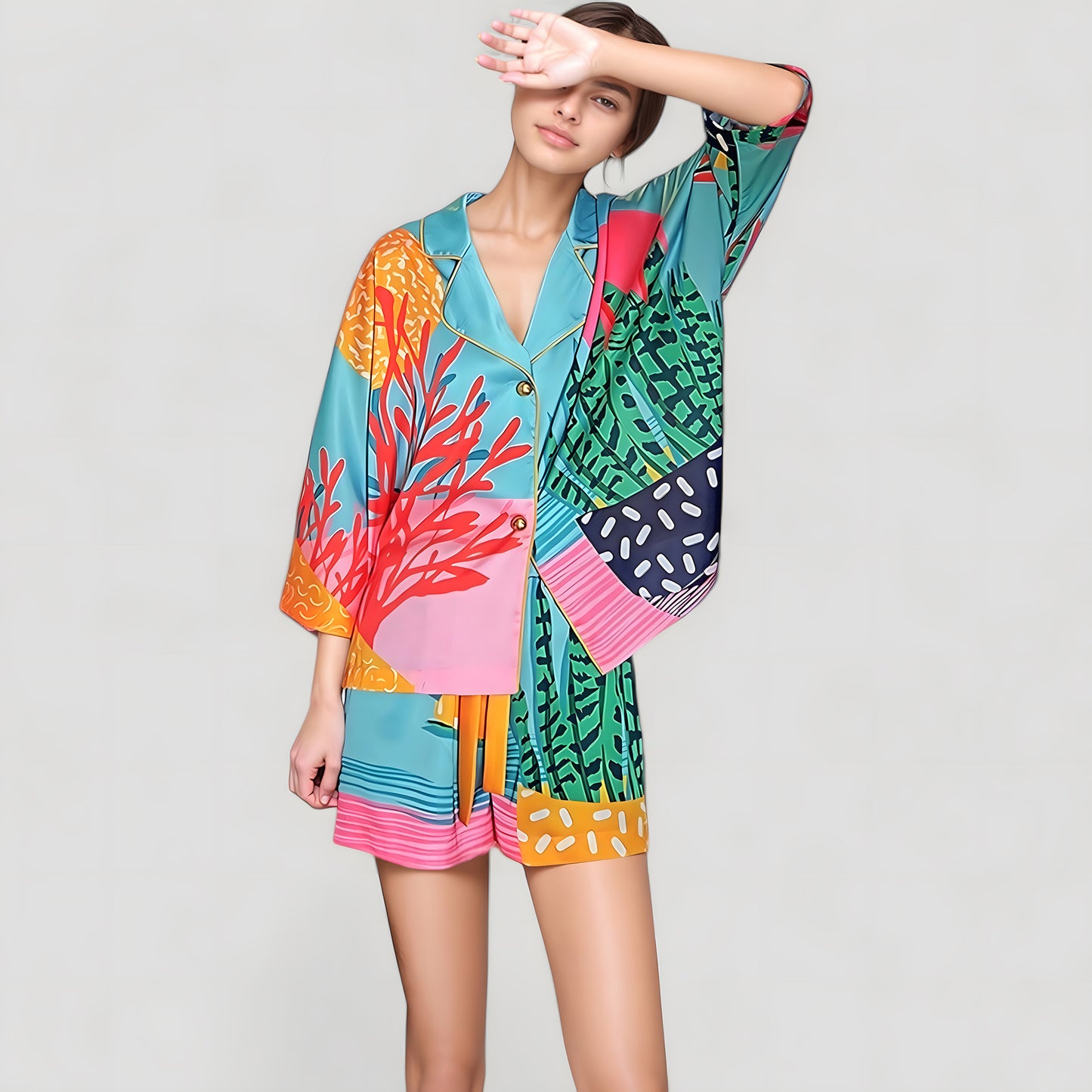 Anna-Kaci Lounge Women's Bold Botanical Print Pajama Set with Long Sleeves Notch Collar Button Front and Matching Shorts