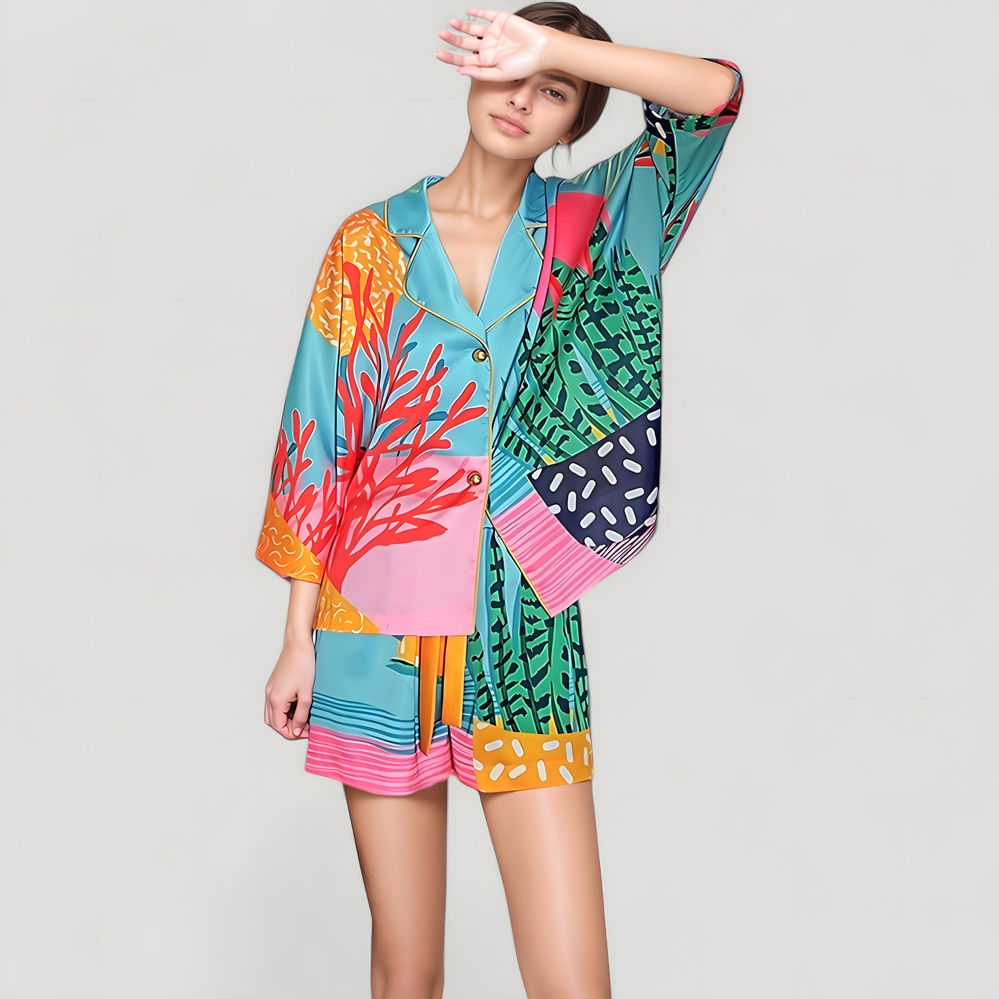Anna-Kaci Lounge Women's Bold Botanical Print Pajama Set with Long Sleeves Notch Collar Button Front and Matching Shorts