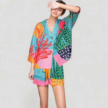 Anna-Kaci Lounge Women's Bold Botanical Print Pajama Set with Long Sleeves Notch Collar Button Front and Matching Shorts