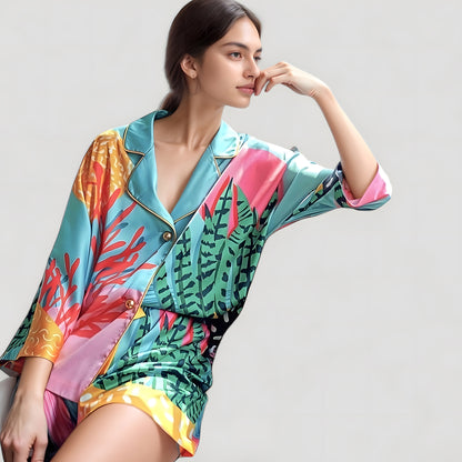 Anna-Kaci Lounge Women's Bold Botanical Print Pajama Set with Long Sleeves Notch Collar Button Front and Matching Shorts