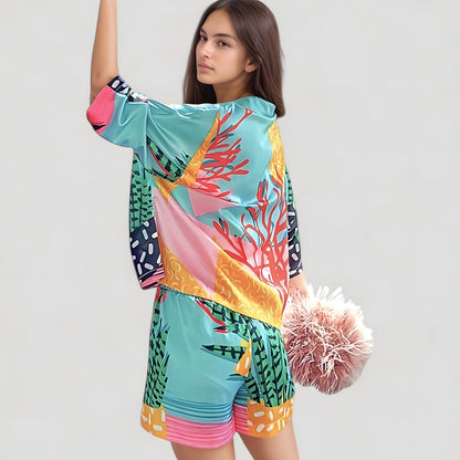 Anna-Kaci Lounge Women's Bold Botanical Print Pajama Set with Long Sleeves Notch Collar Button Front and Matching Shorts