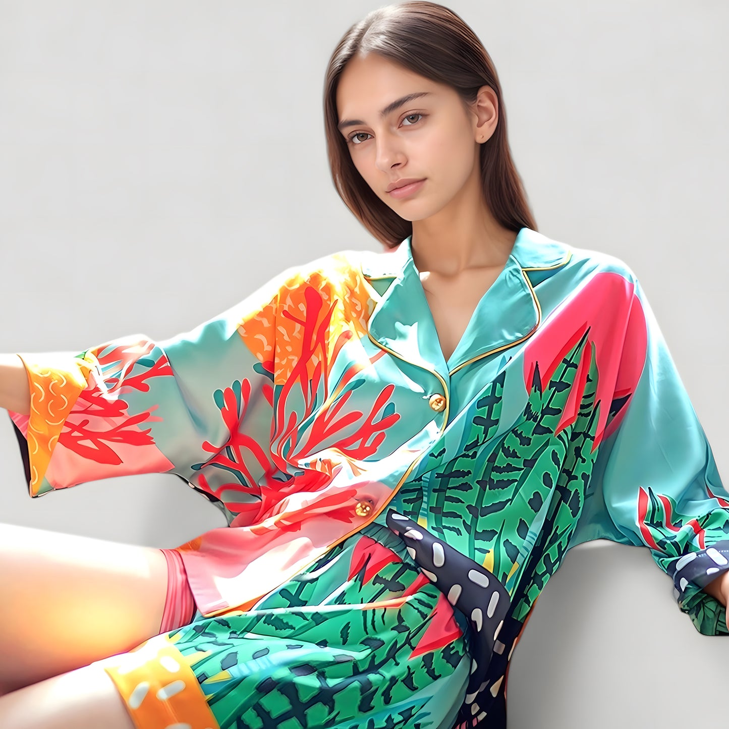 Anna-Kaci Lounge Women's Bold Botanical Print Pajama Set with Long Sleeves Notch Collar Button Front and Matching Shorts
