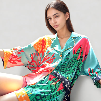 Anna-Kaci Lounge Women's Bold Botanical Print Pajama Set with Long Sleeves Notch Collar Button Front and Matching Shorts