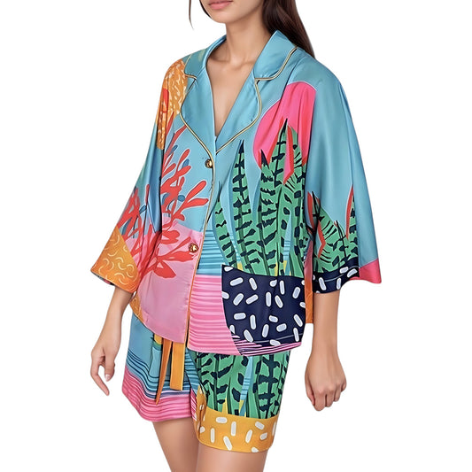 Anna-Kaci Lounge Women's Bold Botanical Print Pajama Set with Long Sleeves Notch Collar Button Front and Matching Shorts